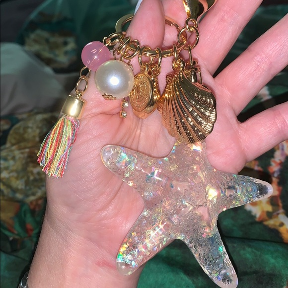 purse charm Accessories - Gold Shell & Pearl Starfish bag/purse charm keychain